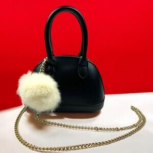 Y2K Black Mini Doctor Bag Gold Chain Crossbody Faux Fur Pom Charm Retro